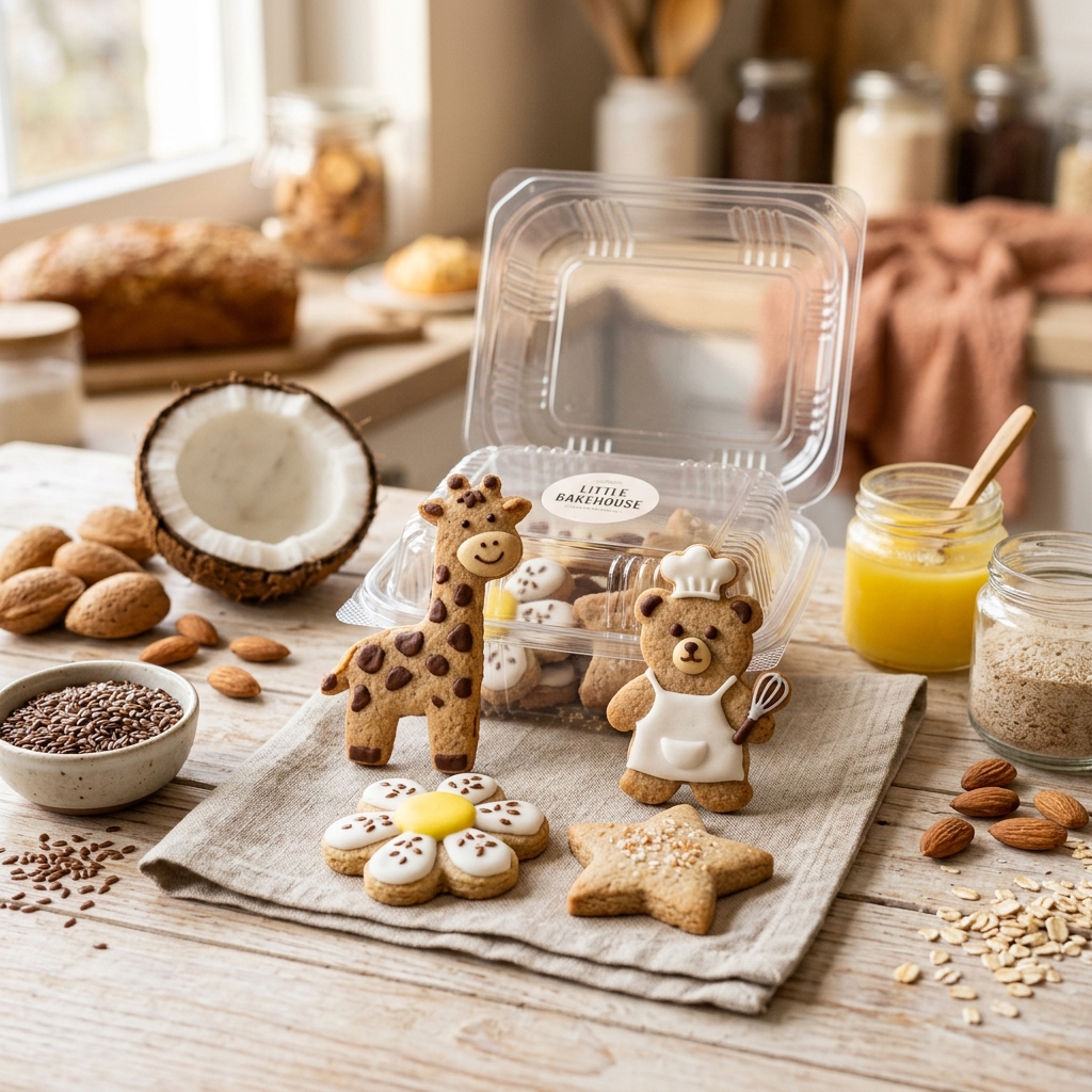 Galletitas saludables infantiles en formas de jirafa, osito pastelero, estrella y flor con ingredientes