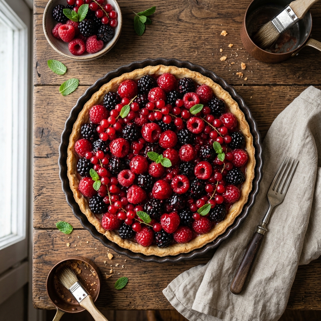Tarta artesanal de frutos rojos glaseada con frambuesas y menta fresca